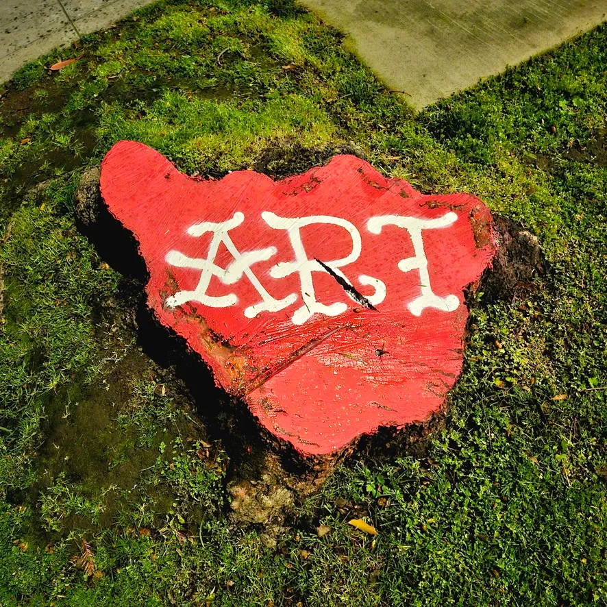 The stump of a mid-sized oak tree extends unseen roots into a wet clay soil that is carpeted by a hodge-podge of grasses and clover. Across the rough surface of this stump, which is still weeping sap, a vibrant coat of red acrylic paint sprawls fills both the coarse surface of the stump and the circuitous boundaries of this makeshift canvas. The word 'art' is hastily spray painted in titanium white, using a font that mimics the Americana tattoo style. The full image is lit by a sickly yellow light cast from a street lamp directly above.
